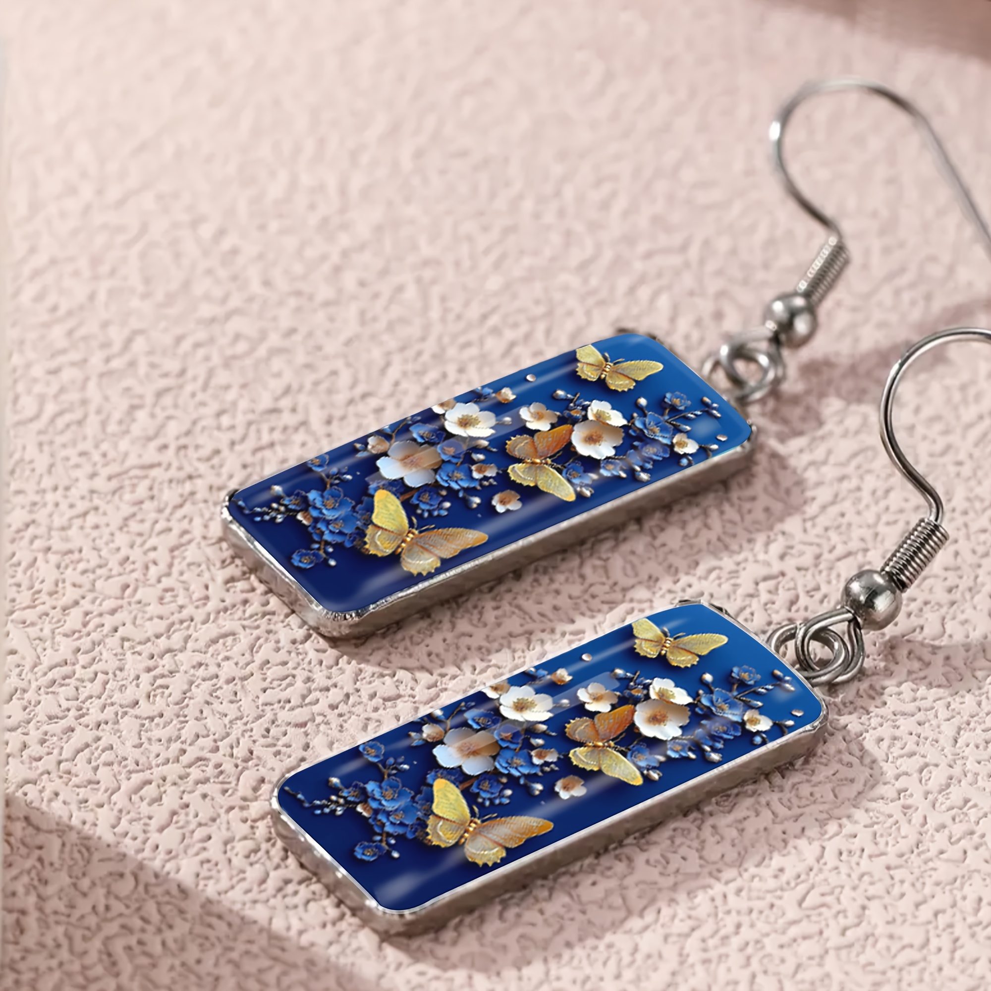 Women's Blue and Golden Gradient Butterfly Long Earrings